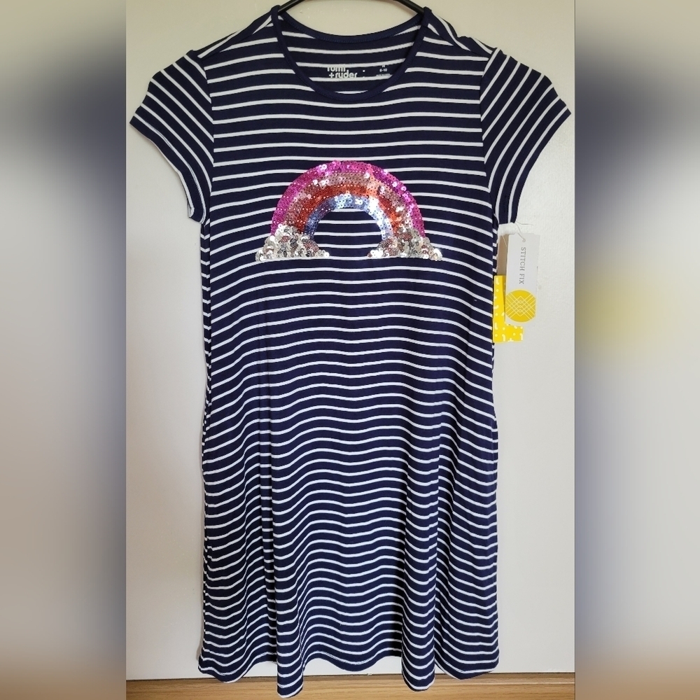 NWT Rumi+Ryder Girls Blue Striped Rainbow Sequin Dress Size Medium 8-10
